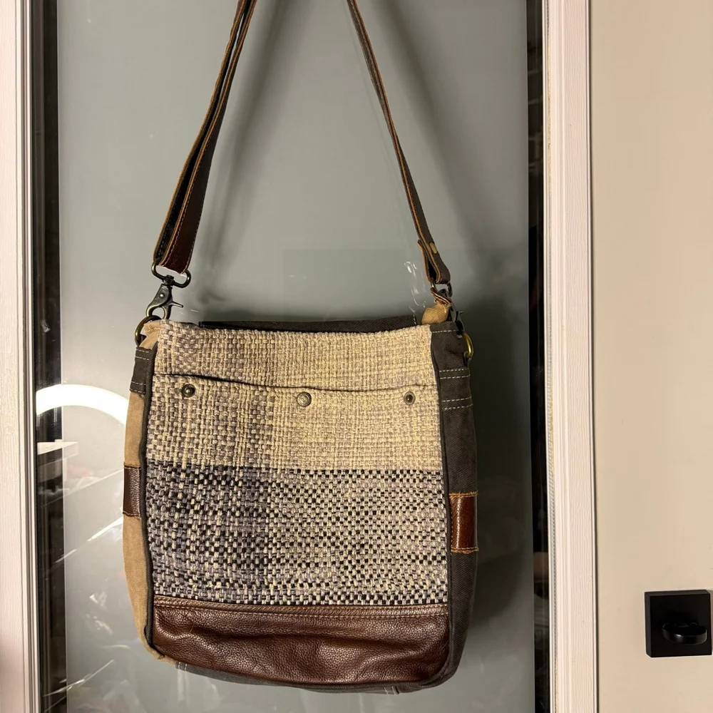 Myra Bag Crossbody Leather and Textile, Gray, Beige, Brown